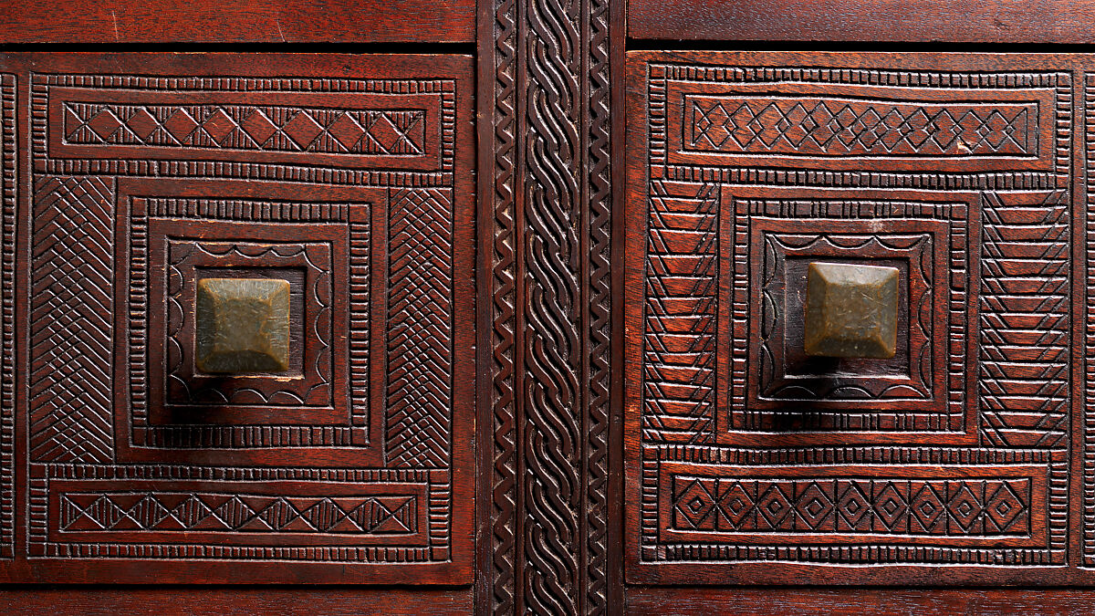Carved chest, Robert Laurent (American (born France), Concarneau 1890–1970 Cape Neddick, Maine), Black walnut, tulip poplar, plywood, and brass, American