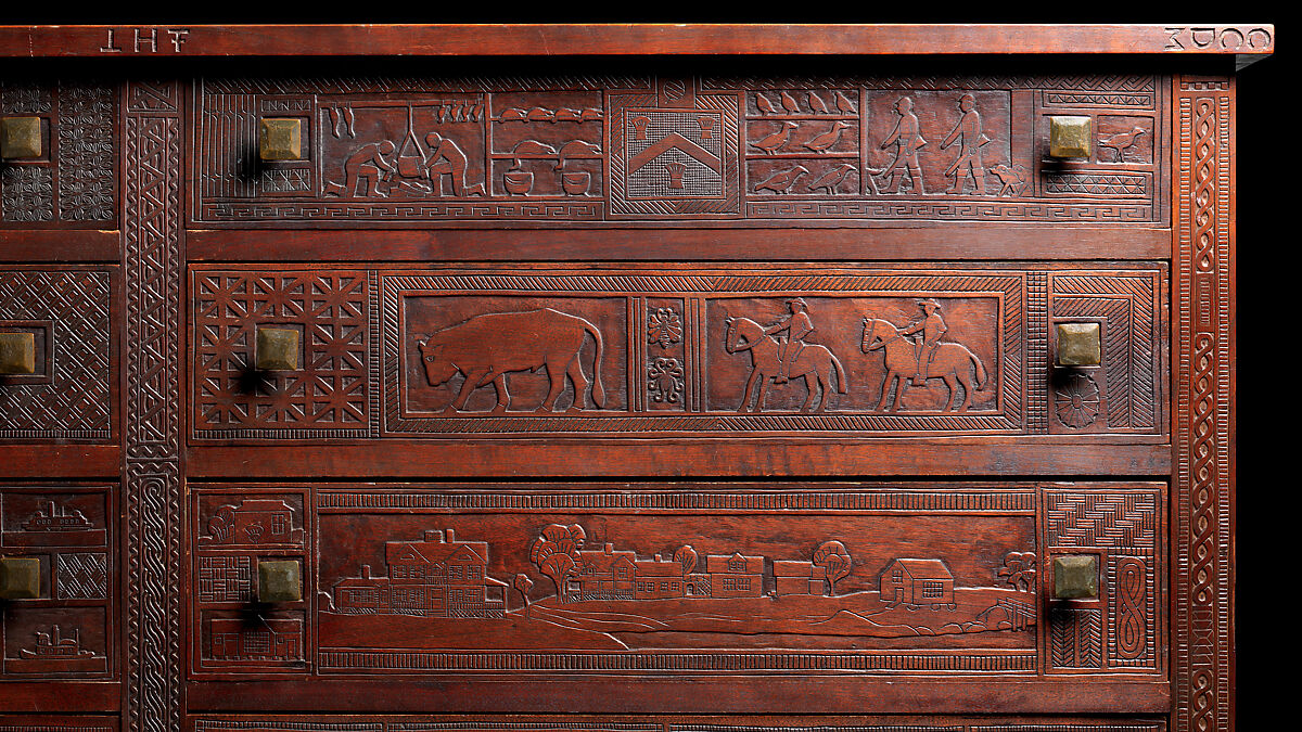 Carved chest, Robert Laurent (American (born France), Concarneau 1890–1970 Cape Neddick, Maine), Black walnut, tulip poplar, plywood, and brass, American
