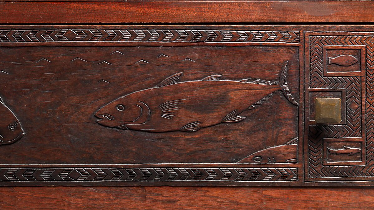 Carved chest, Robert Laurent (American (born France), Concarneau 1890–1970 Cape Neddick, Maine), Black walnut, tulip poplar, plywood, and brass, American