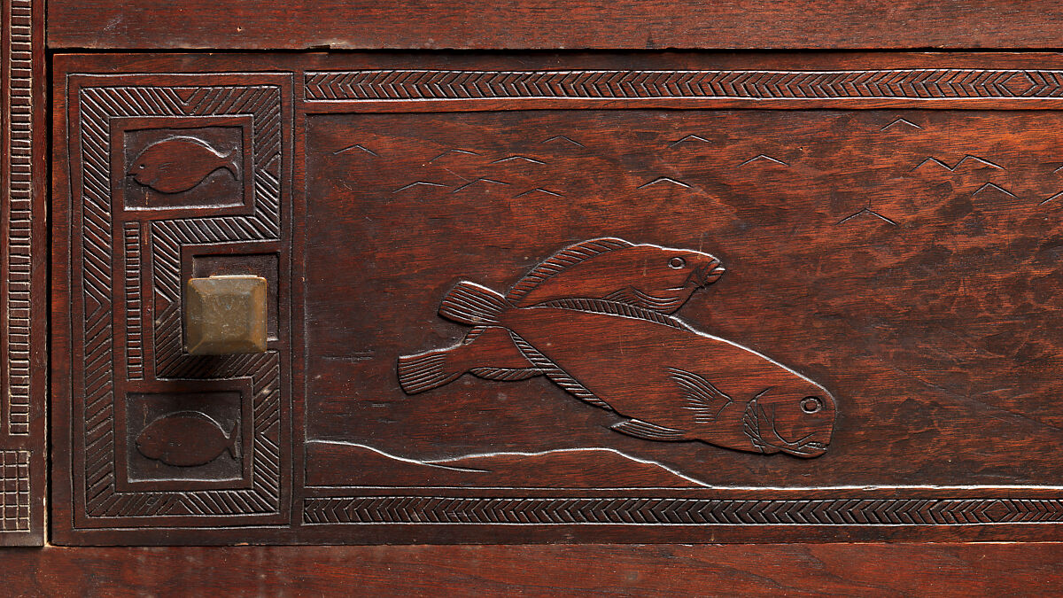 Carved chest, Robert Laurent (American (born France), Concarneau 1890–1970 Cape Neddick, Maine), Black walnut, tulip poplar, plywood, and brass, American