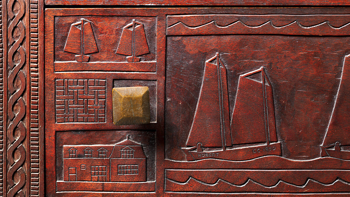 Carved chest, Robert Laurent (American (born France), Concarneau 1890–1970 Cape Neddick, Maine), Black walnut, tulip poplar, plywood, and brass, American