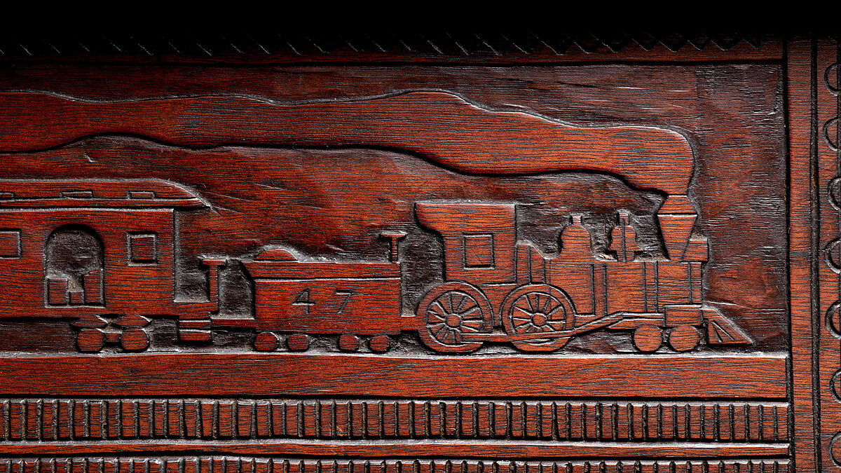 Carved chest, Robert Laurent (American (born France), Concarneau 1890–1970 Cape Neddick, Maine), Black walnut, tulip poplar, plywood, and brass, American