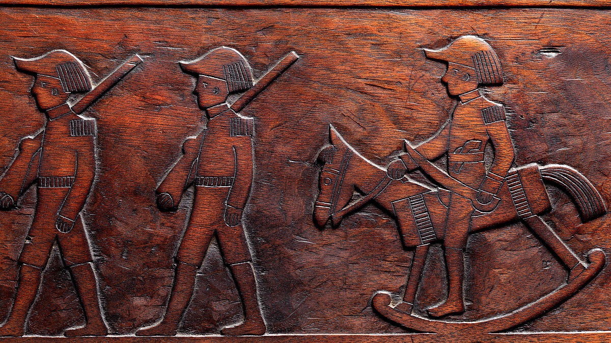 Carved chest, Robert Laurent (American (born France), Concarneau 1890–1970 Cape Neddick, Maine), Black walnut, tulip poplar, plywood, and brass, American