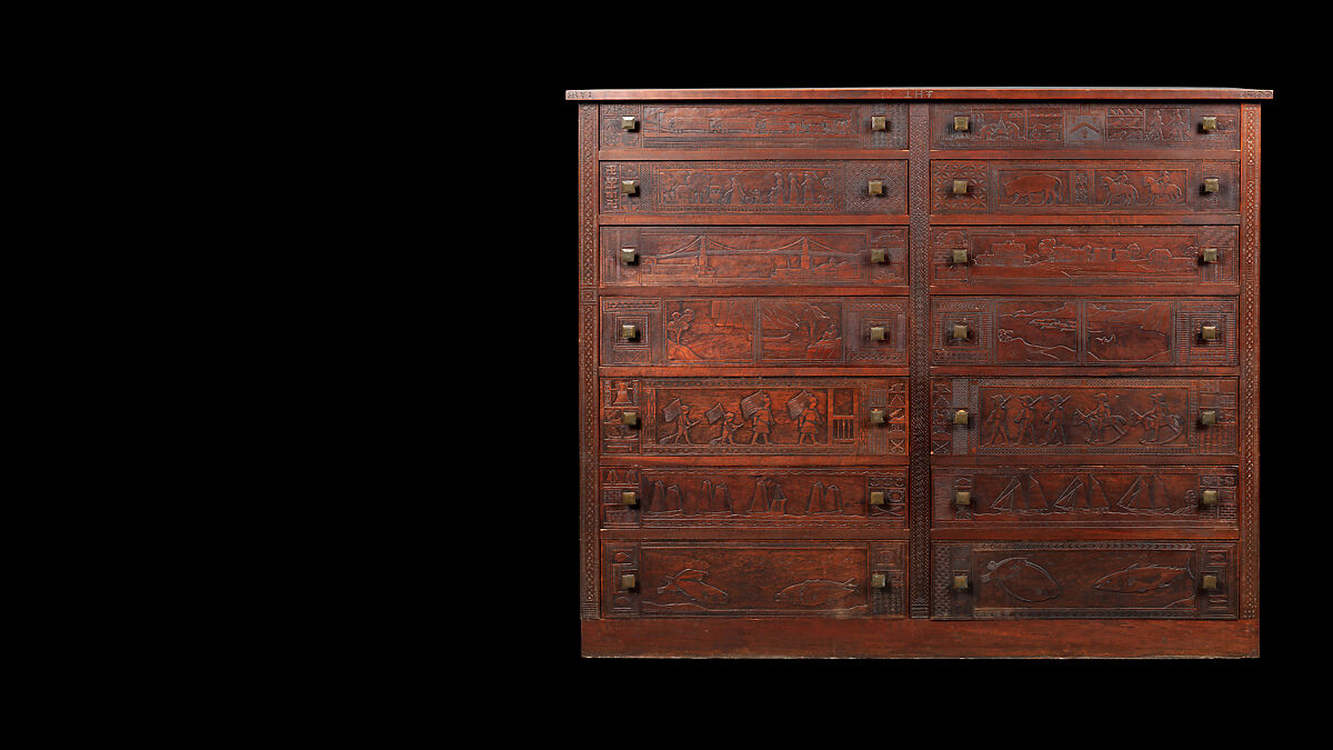 Carved chest, Robert Laurent (American (born France), Concarneau 1890–1970 Cape Neddick, Maine), Black walnut, tulip poplar, plywood, and brass, American 