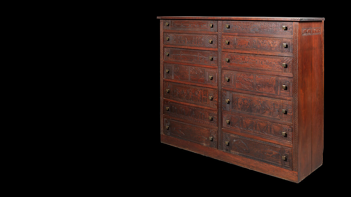 Carved chest, Robert Laurent (American (born France), Concarneau 1890–1970 Cape Neddick, Maine), Black walnut, tulip poplar, plywood, and brass, American