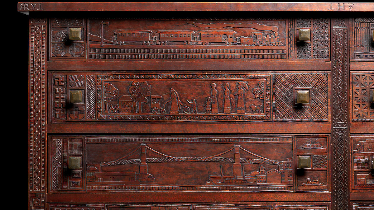 Carved chest, Robert Laurent (American (born France), Concarneau 1890–1970 Cape Neddick, Maine), Black walnut, tulip poplar, plywood, and brass, American