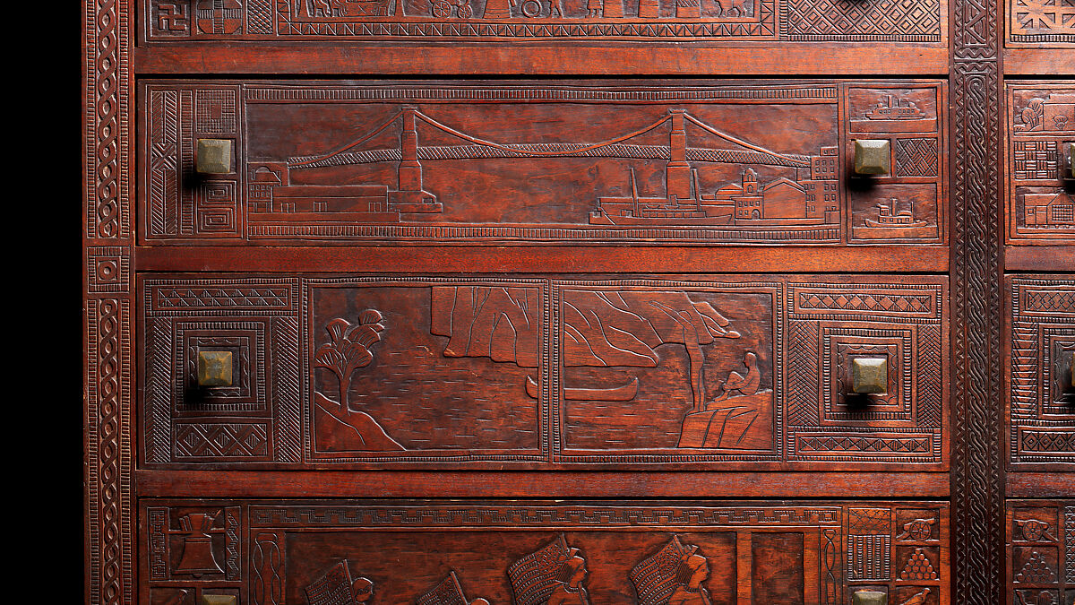Carved chest, Robert Laurent (American (born France), Concarneau 1890–1970 Cape Neddick, Maine), Black walnut, tulip poplar, plywood, and brass, American