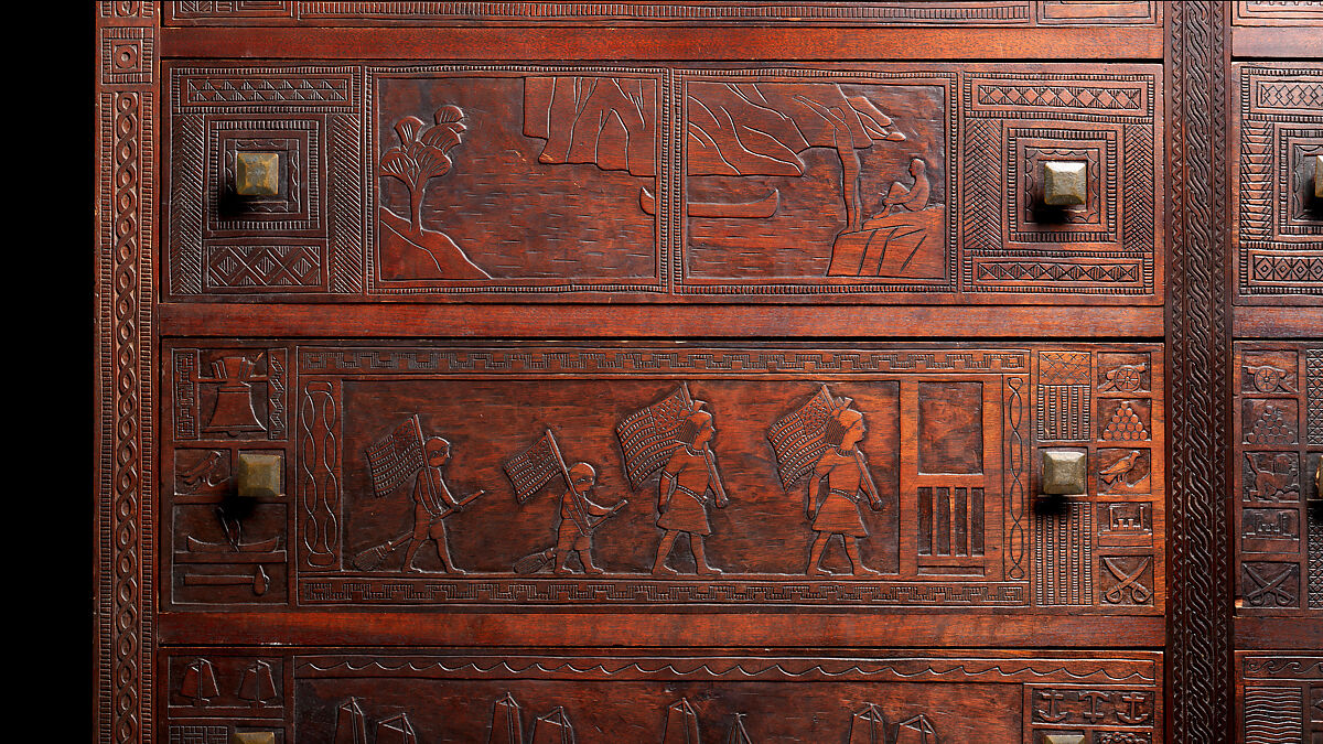 Carved chest, Robert Laurent (American (born France), Concarneau 1890–1970 Cape Neddick, Maine), Black walnut, tulip poplar, plywood, and brass, American