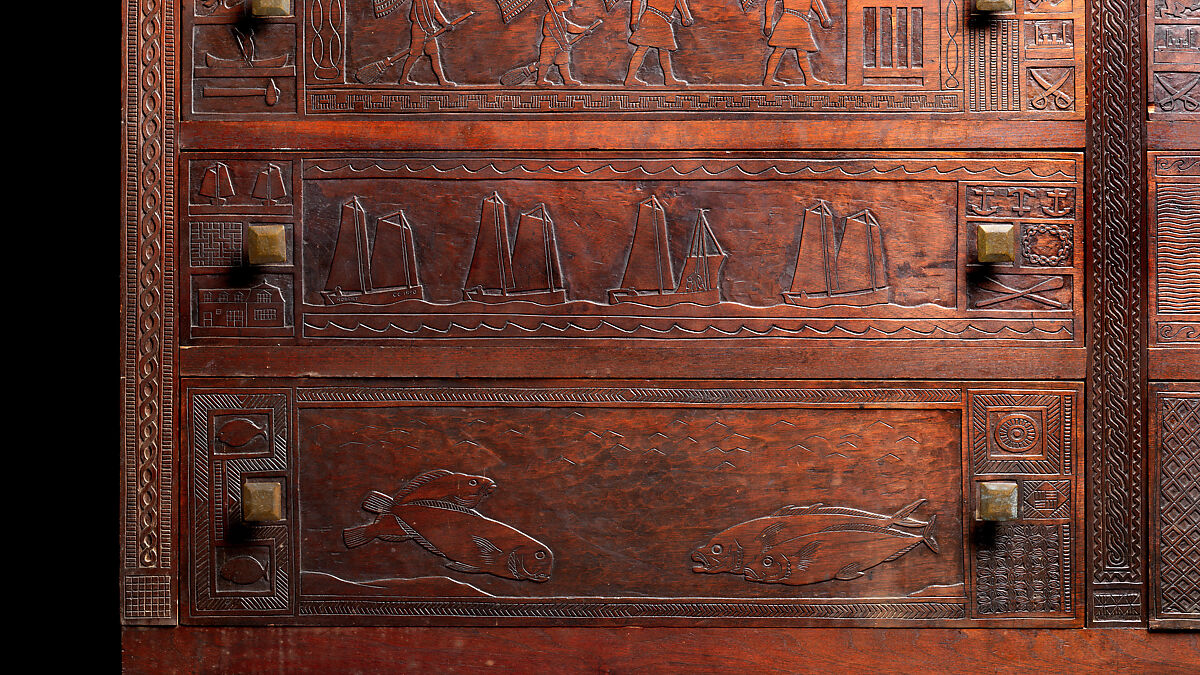 Carved chest, Robert Laurent (American (born France), Concarneau 1890–1970 Cape Neddick, Maine), Black walnut, tulip poplar, plywood, and brass, American