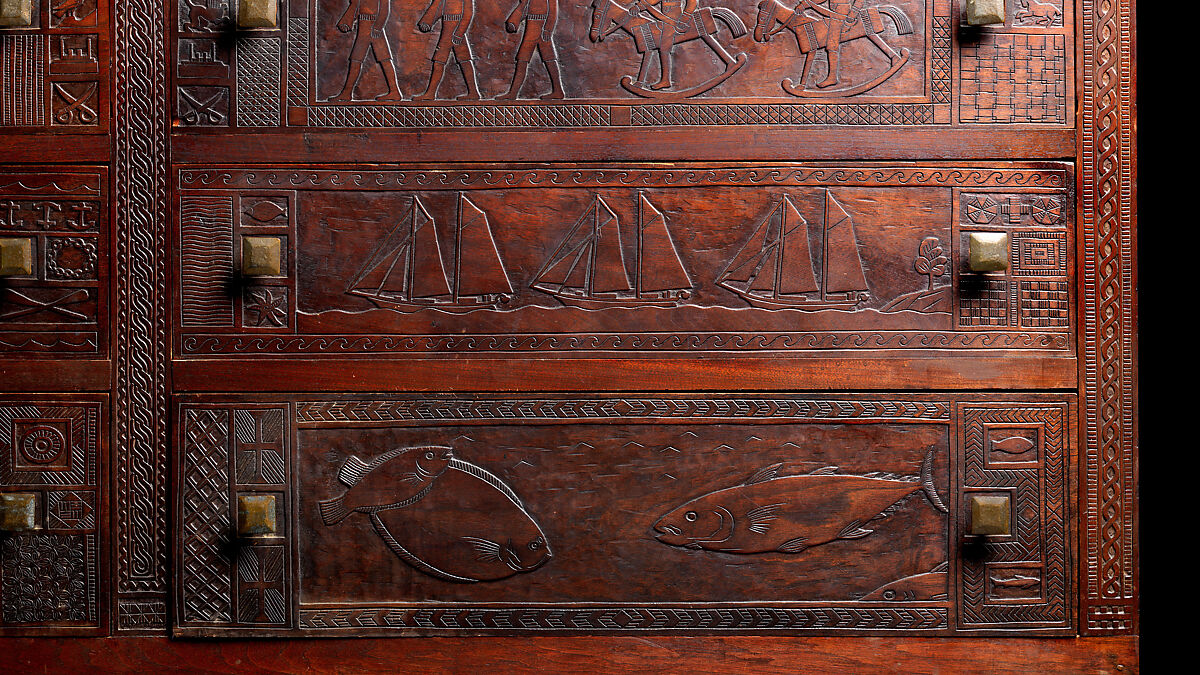 Carved chest, Robert Laurent (American (born France), Concarneau 1890–1970 Cape Neddick, Maine), Black walnut, tulip poplar, plywood, and brass, American