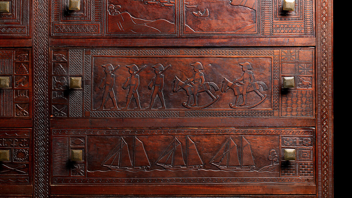 Carved chest, Robert Laurent (American (born France), Concarneau 1890–1970 Cape Neddick, Maine), Black walnut, tulip poplar, plywood, and brass, American