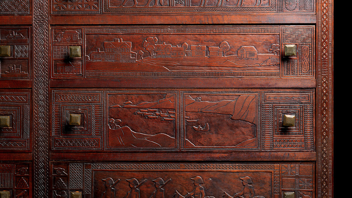 Carved chest, Robert Laurent (American (born France), Concarneau 1890–1970 Cape Neddick, Maine), Black walnut, tulip poplar, plywood, and brass, American