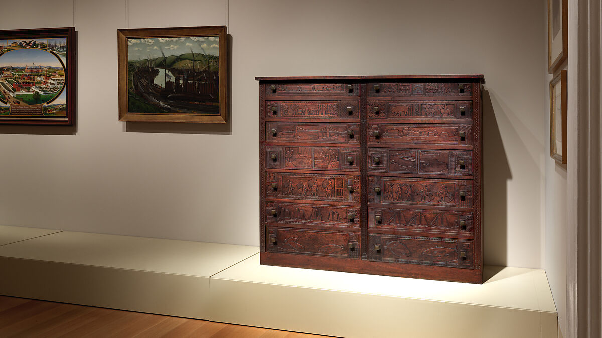 Carved chest, Robert Laurent (American (born France), Concarneau 1890–1970 Cape Neddick, Maine), Black walnut, tulip poplar, plywood, and brass, American