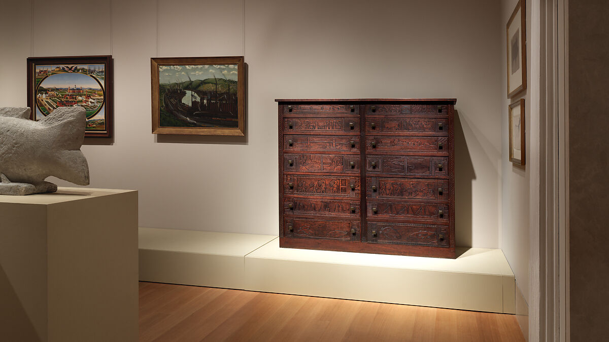 Carved chest, Robert Laurent (American (born France), Concarneau 1890–1970 Cape Neddick, Maine), Black walnut, tulip poplar, plywood, and brass, American