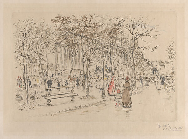 Place de la Madeleine, Jean-François Raffaëlli (French, Paris 1850–1924 Paris), Drypoint with hand coloring; fourth state of six 