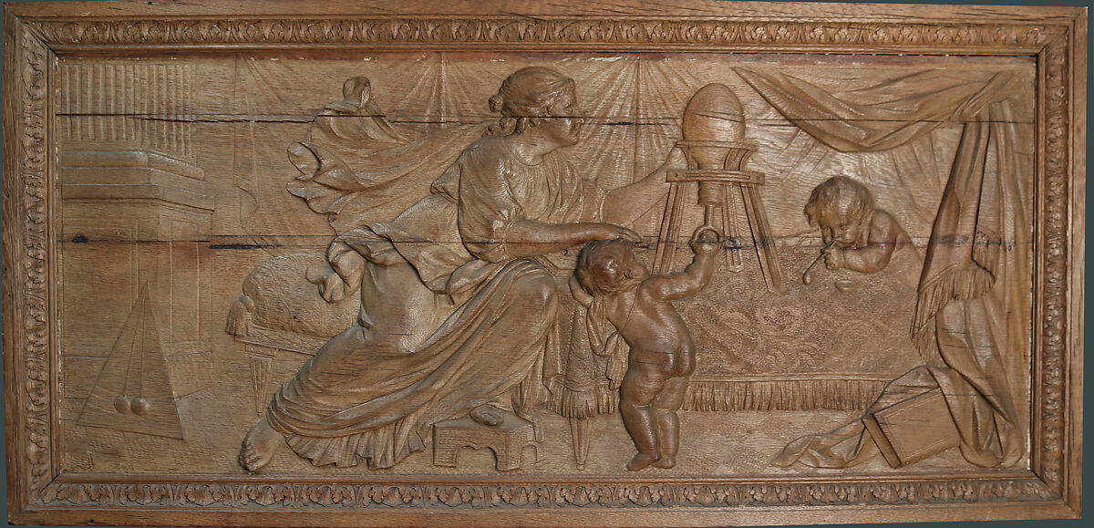 Overdoor panel with allegory of Science (one of a pair), Oak, polished, French 