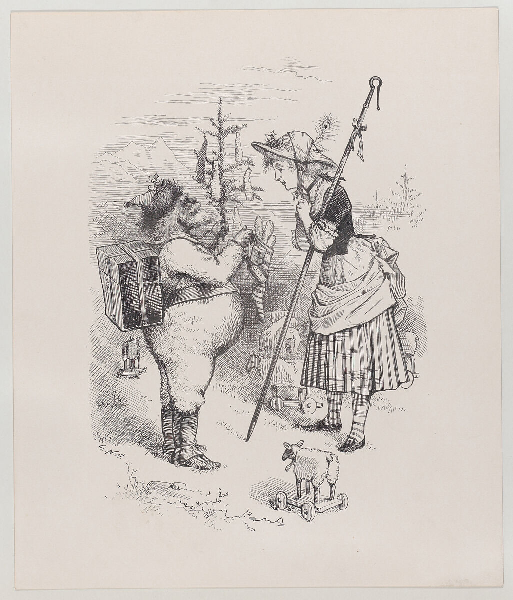 Santa Claus and Little Bo Peep (published in "Harper's Young People," December 23, 1879), Thomas Nast (American (born Germany), Landau 1840–1902 Guayaquil), Relief print and electrotype 