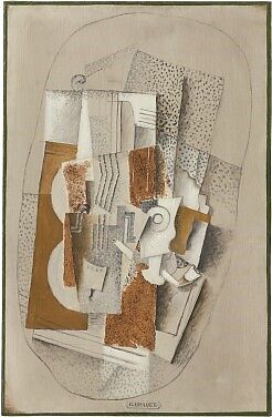 The Violin, Georges Braque (French, Argenteuil 1882–1963 Paris), Oil, sawdust, and wood particles on canvas 