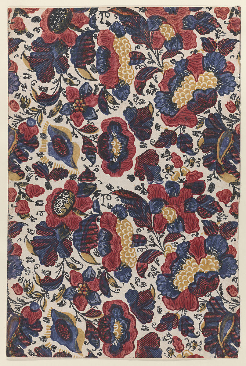 Paste end paper with overall pattern of red, blue, and yellow flowers, Anonymous  , Italian, 19th century, Relief print (wood or metal) 
