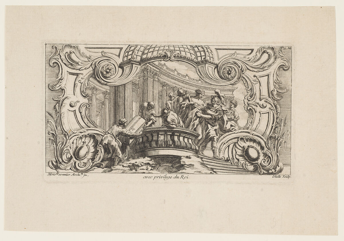Rocaille Cartouche with the Abduction of Helen of Troy, from "'Livre D'Ornemens Inventes & Dessines Par J. O. Meissonnier (...)", Obelle (French, active 18th century), Etching, first edition 