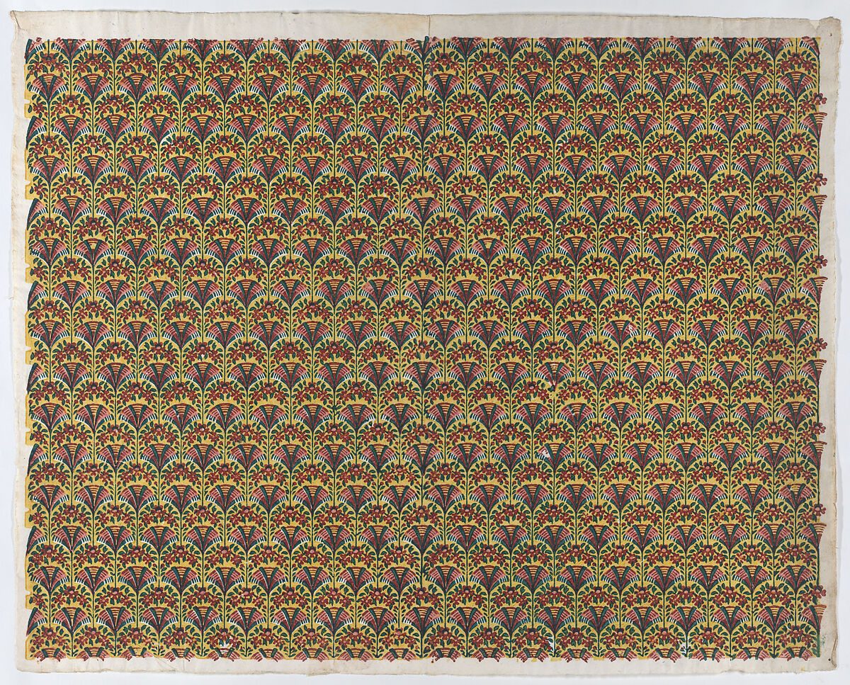 Sheet with overall fan design in yellow, green, and red, Anonymous  , Italian, late 18th-mid 19th century, Relief print (wood or metal) 