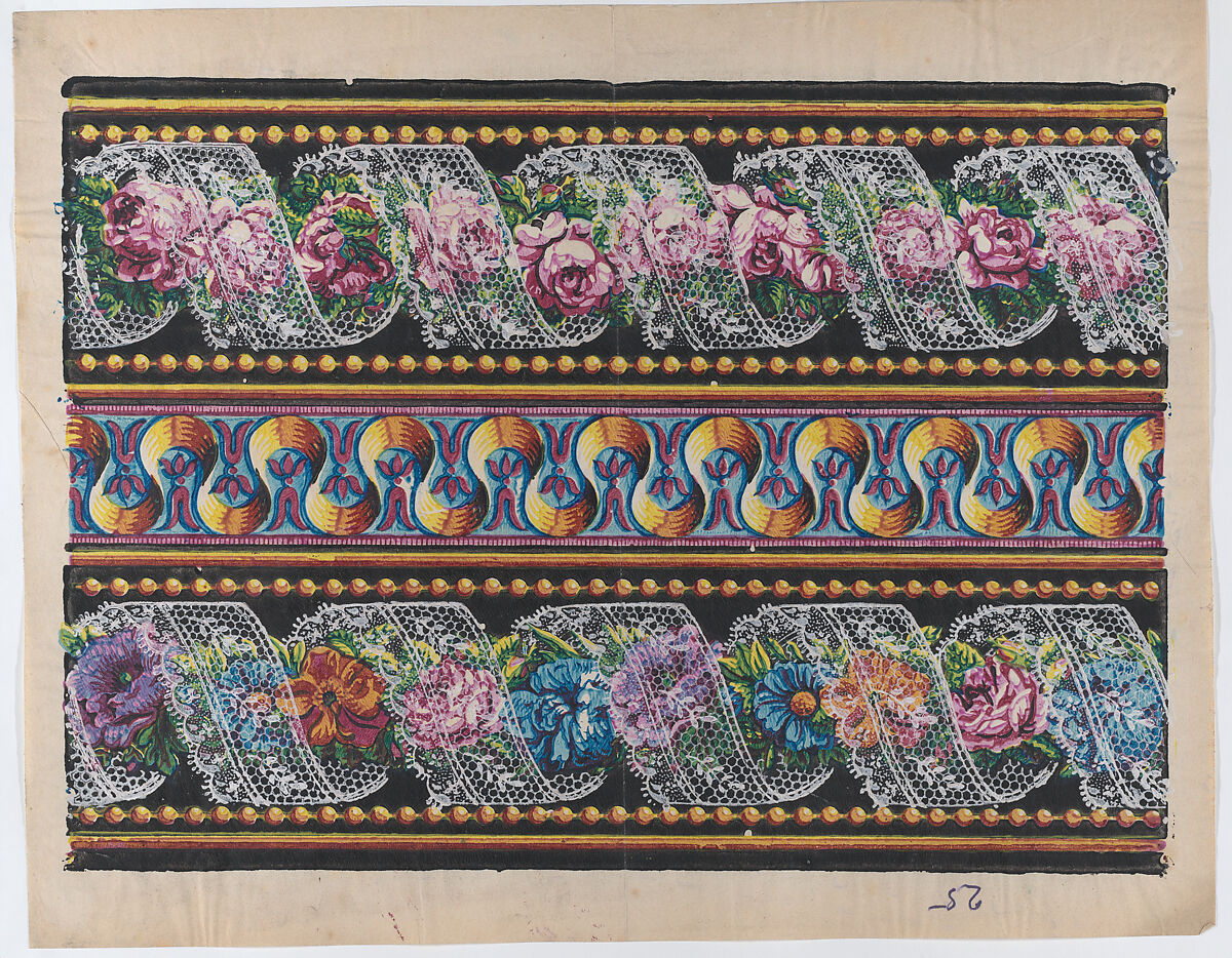 Sheet with a border with floral garlands and lace on a black background, Anonymous  , Italian, late 18th-mid 19th century, Relief print (wood or metal) 