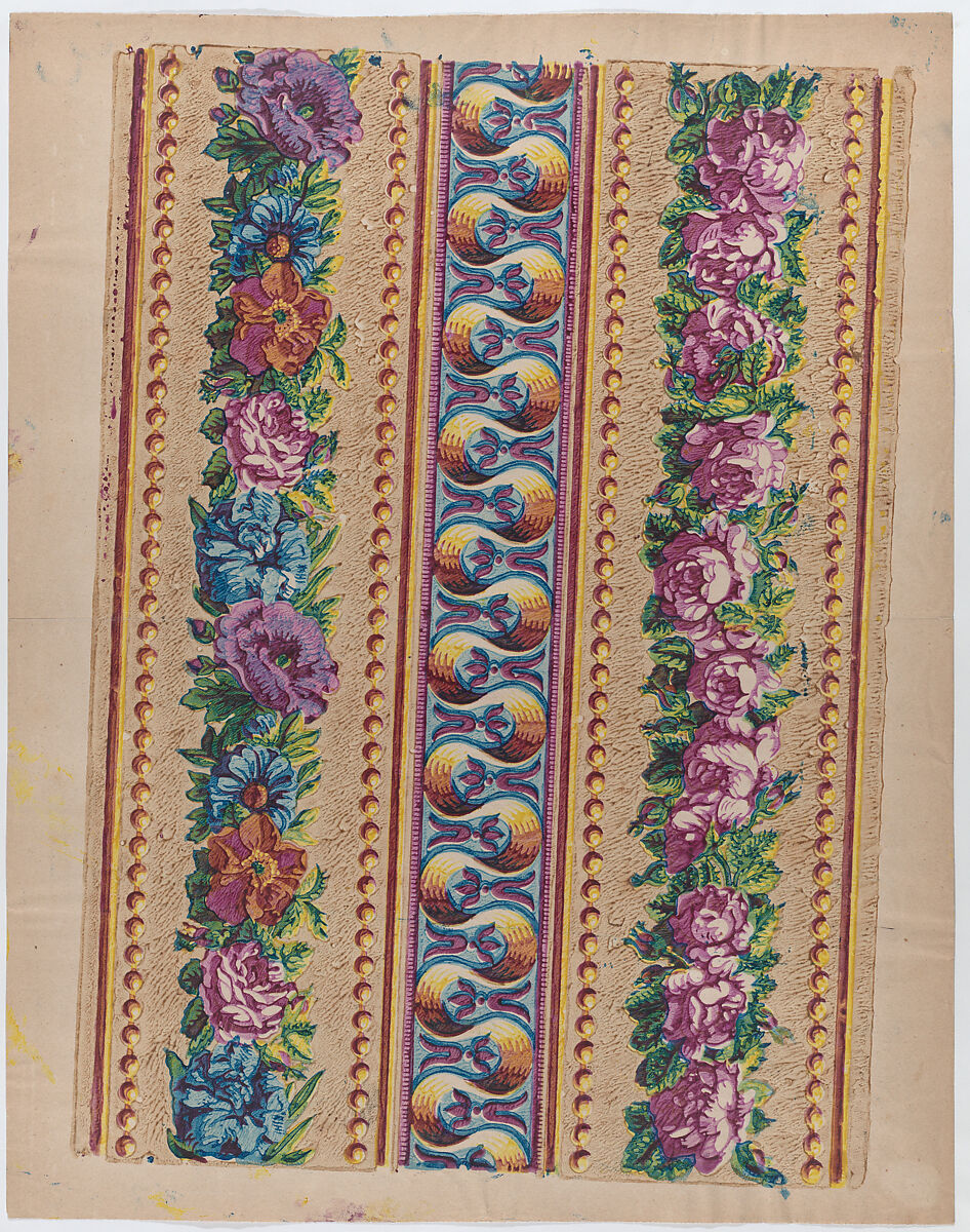Sheet with a border with pink and multicolor floral garlands, Anonymous  , Italian, late 18th-mid 19th century, Relief print (wood or metal) 