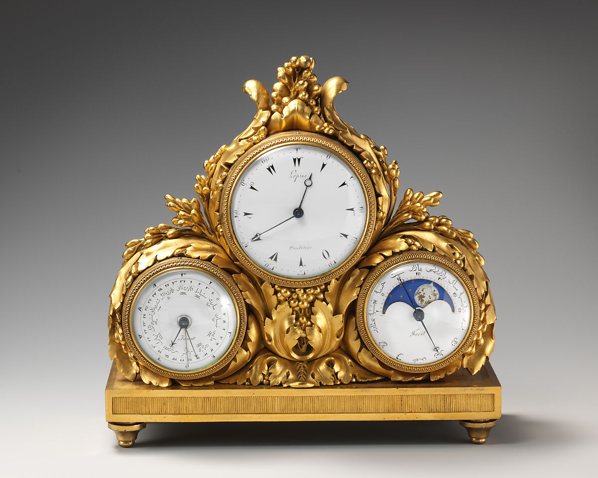 Clock with perpetual calendar and moon cycle inscribed in Arabic, Jean Antoine Lépine (French, 1720–1814), Gilded bronze, enamel, French 