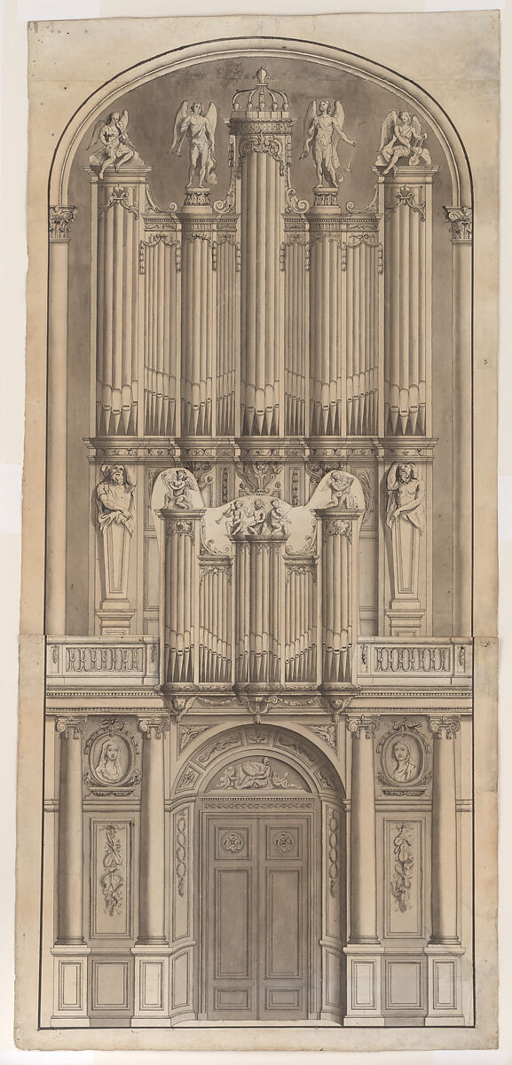 Presentation Drawing of the New Organ Case for the Church of Saint Germain des Prés, François Despatis (French, active ca. 1770–90), Pen and ink with gray wash 