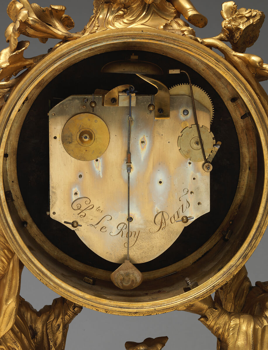 Mantel clock (horloge de cheminée), Case by Jean-Joseph de Saint Germain (French, 1719–1791), Gilded and chased bronze; white enamel, French
