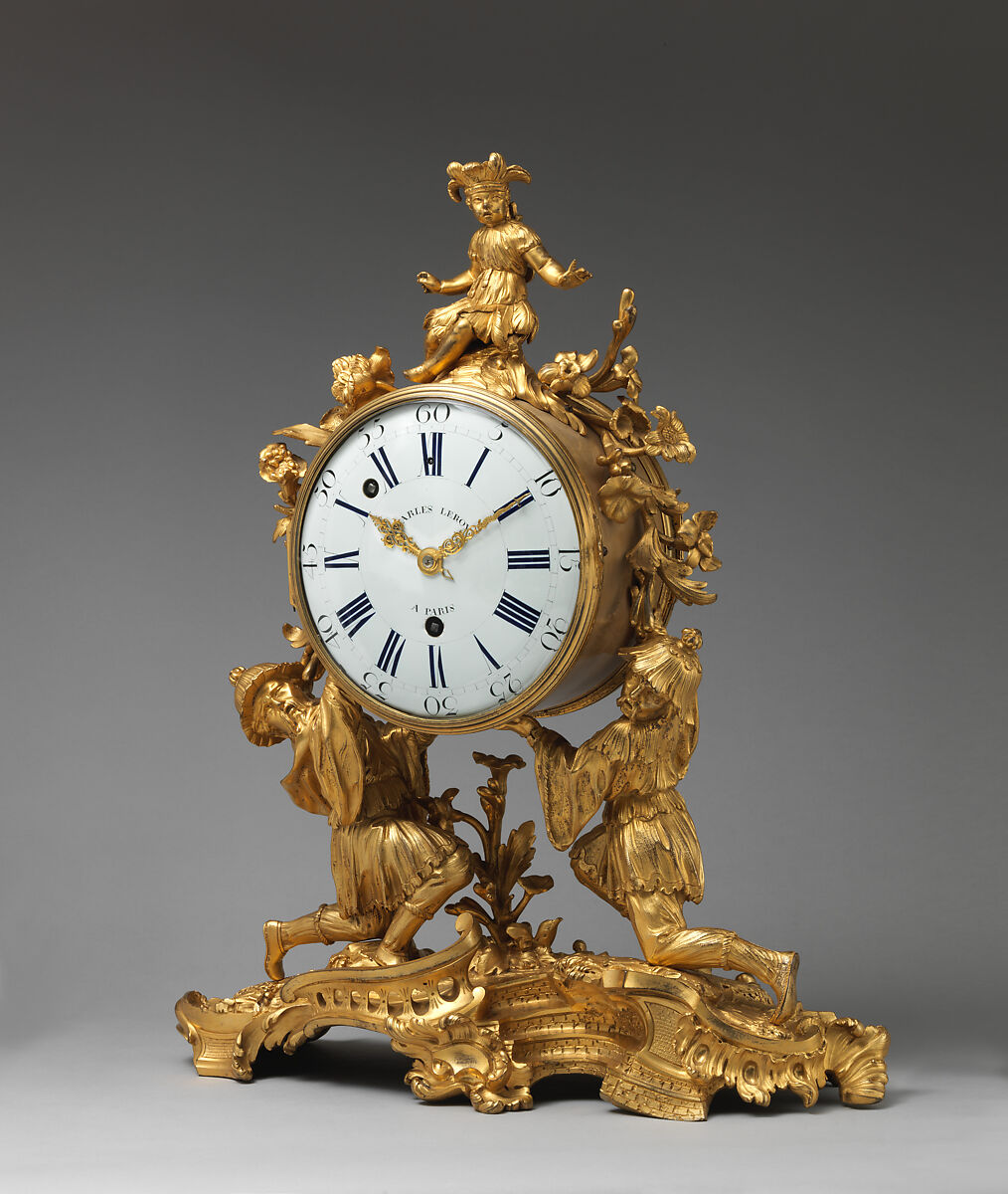 Mantel clock (horloge de cheminée), Case by Jean-Joseph de Saint Germain (French, 1719–1791), Gilded and chased bronze; white enamel, French