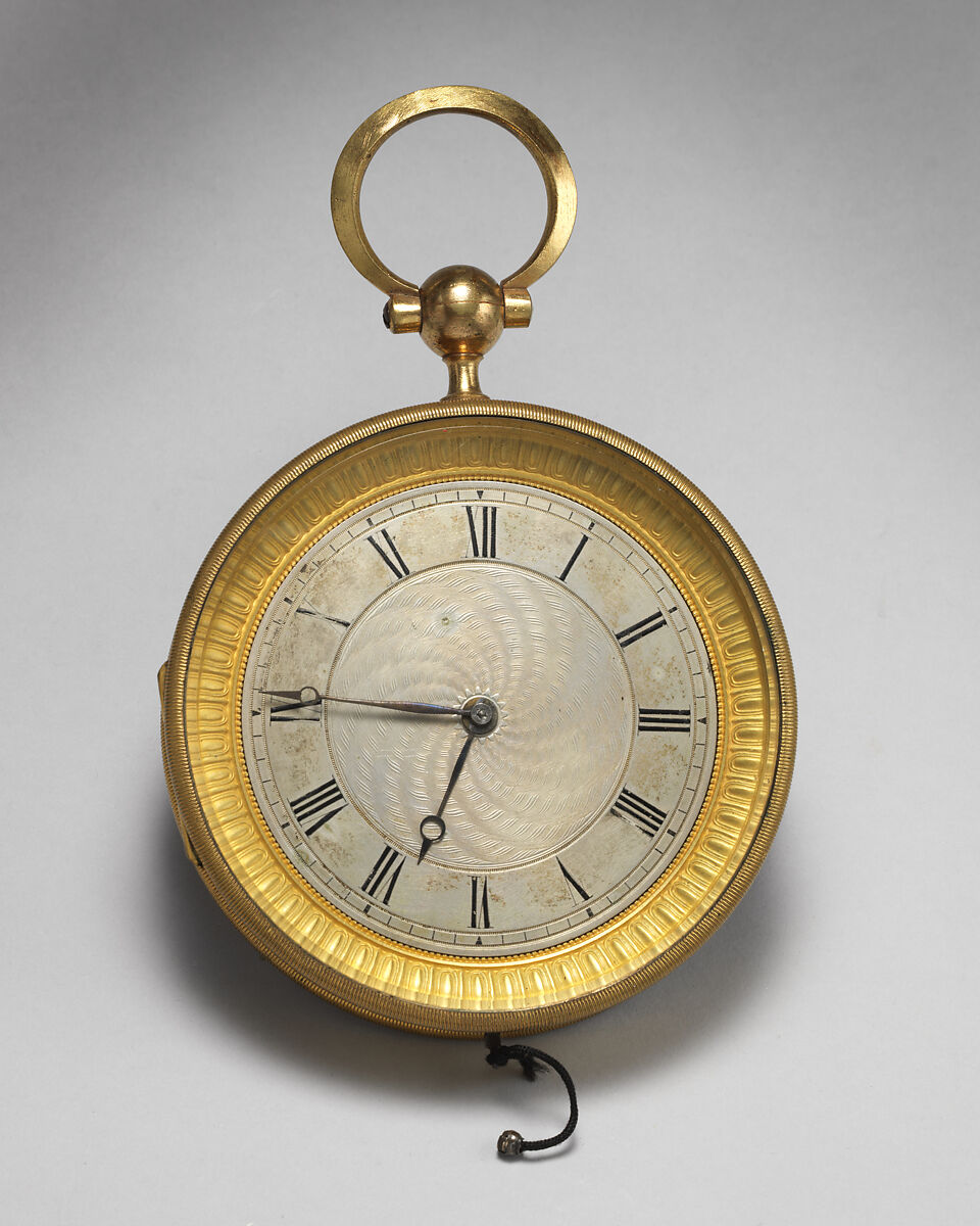 Round watch with key in original red leather case, Gilt bronze, steel; toodled red leather, French