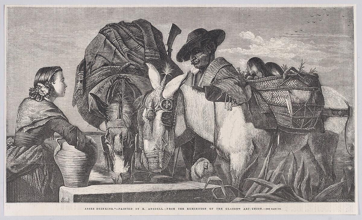 Asses Drinking, from "Illustrated London News", Henry Linton (British, London 1815–1899 Kingston-upon-Thames), Wood engraving 