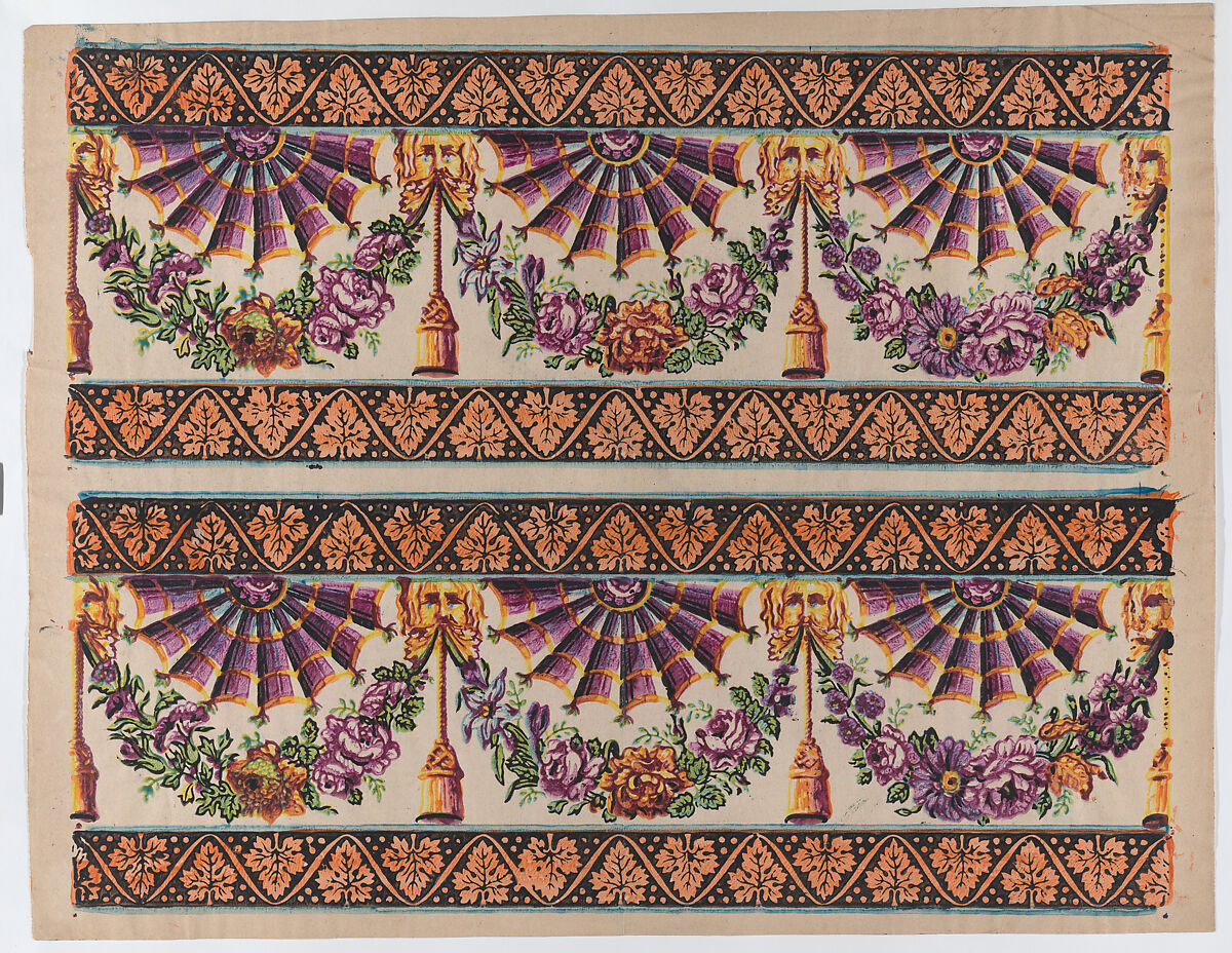 Sheet with two borders with three fans and floral garlands, Anonymous  , Italian, late 18th-mid 19th century, Relief print (wood or metal) 