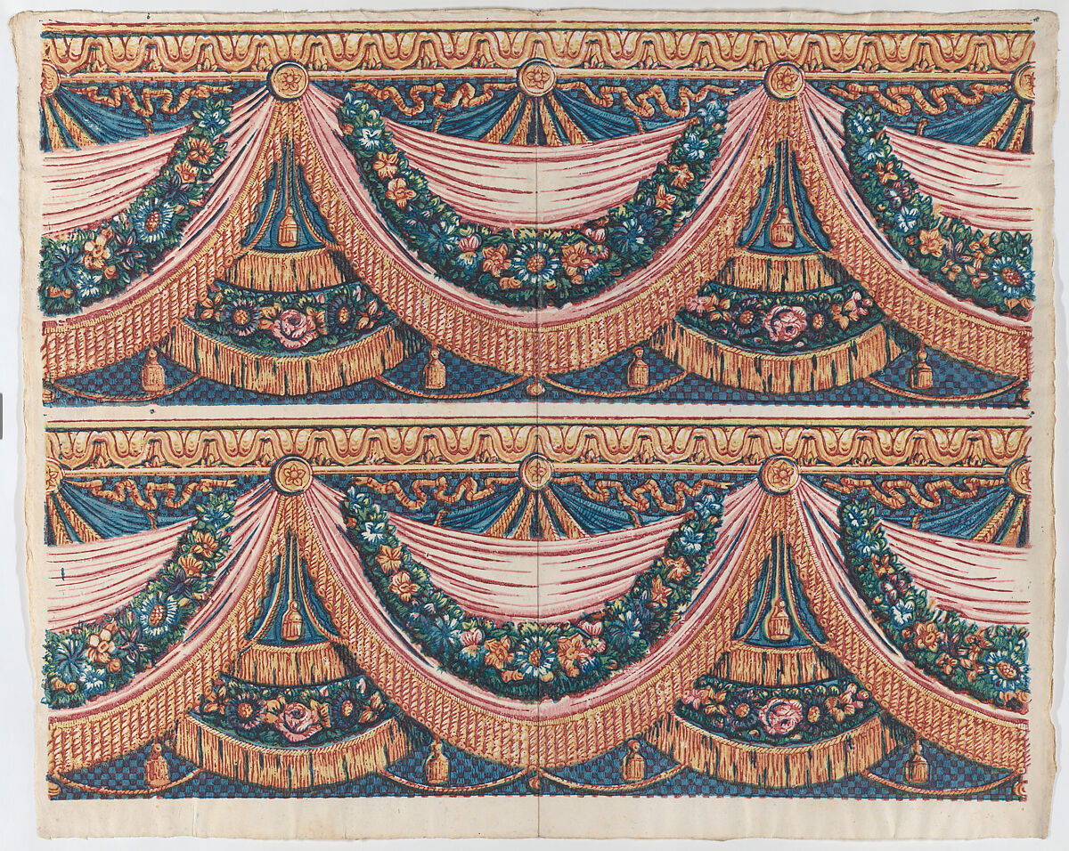 Sheet with two borders with draped curtains and floral garlands, Anonymous  , Italian, late 18th-mid 19th century, Relief print (wood or metal) 