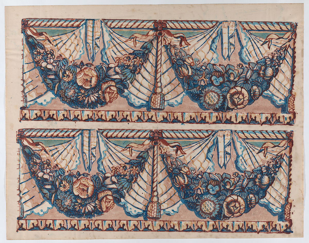 Sheet with a two borders with hanging drapery and two blue floral garlands, Anonymous  , Italian, late 18th-mid 19th century, Relief print (wood or metal) 