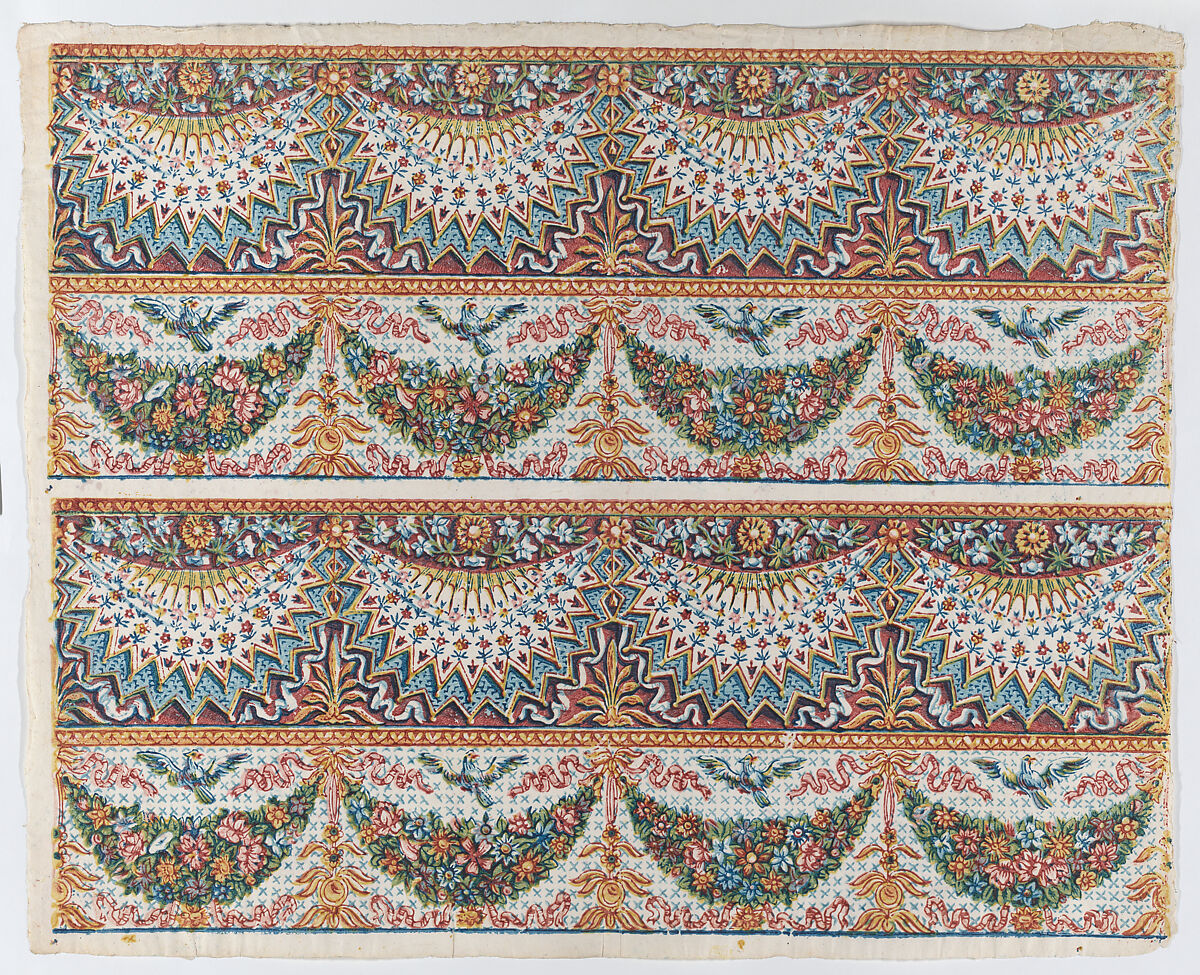 Sheet with a two borders with four hanging draperies,multicolor festoons, and birds, Anonymous  , Italian, late 18th-mid 19th century, Relief print (wood or metal) 