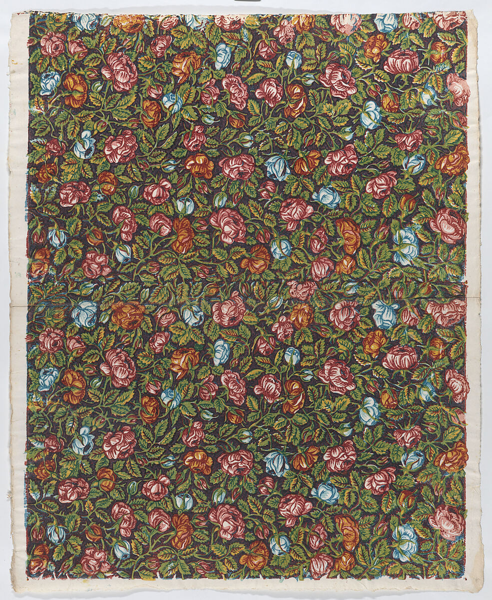 Sheet with overall floral pattern on a dark background, Anonymous  , Italian, late 18th-mid 19th century, Relief print (wood or metal) 