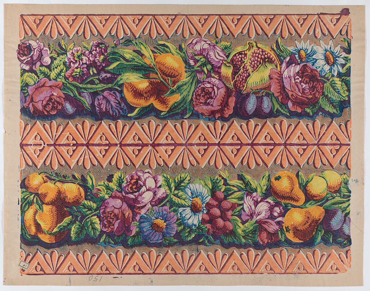 Sheet with a border with two garlands of fruit, leaves, and flowers, Anonymous  , Italian, late 18th-mid 19th century, Relief print (wood or metal) 