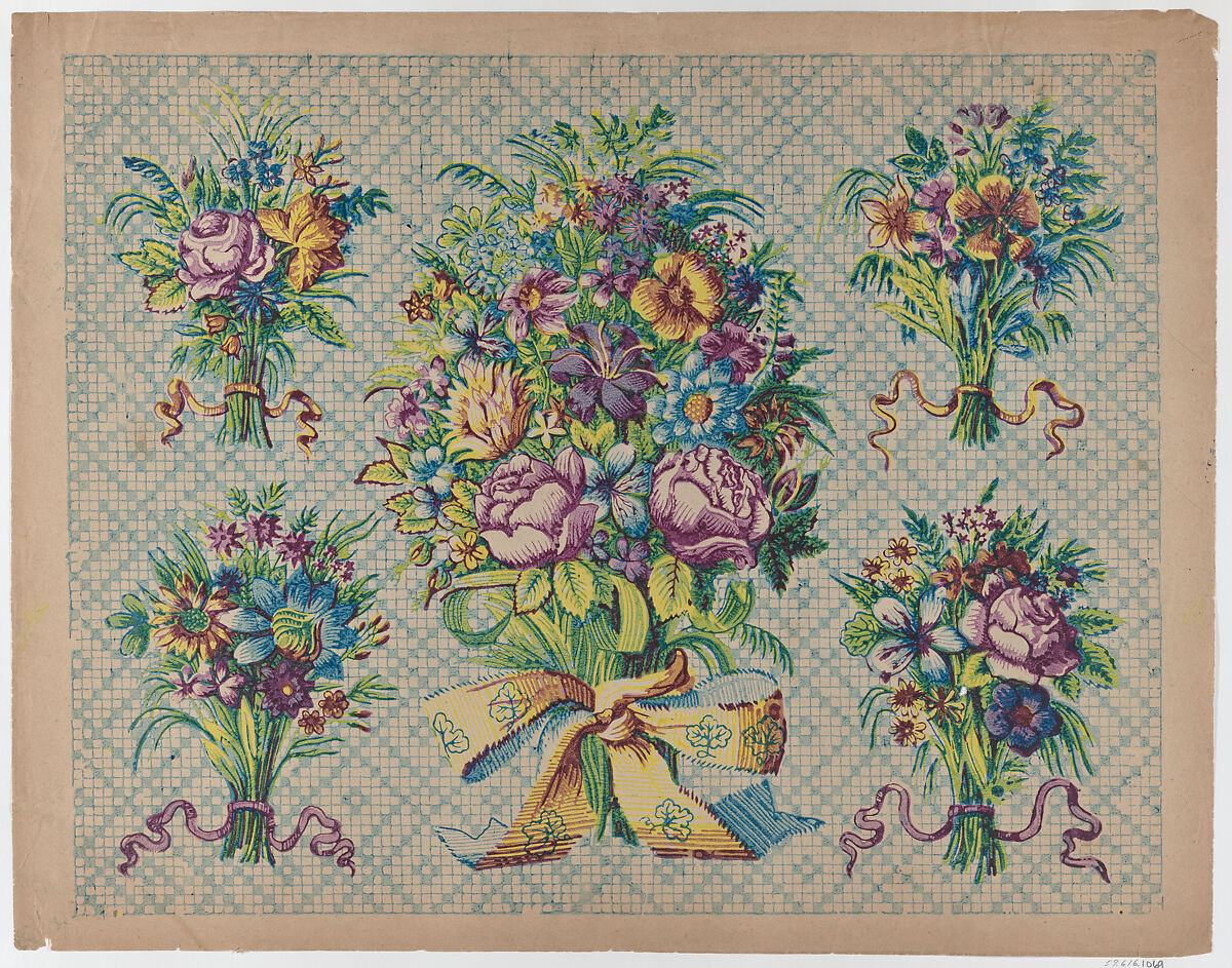 Sheet with five bouquets on a blue checkered background, Anonymous  , Italian, late 18th-mid 19th century, Relief print (wood or metal) 