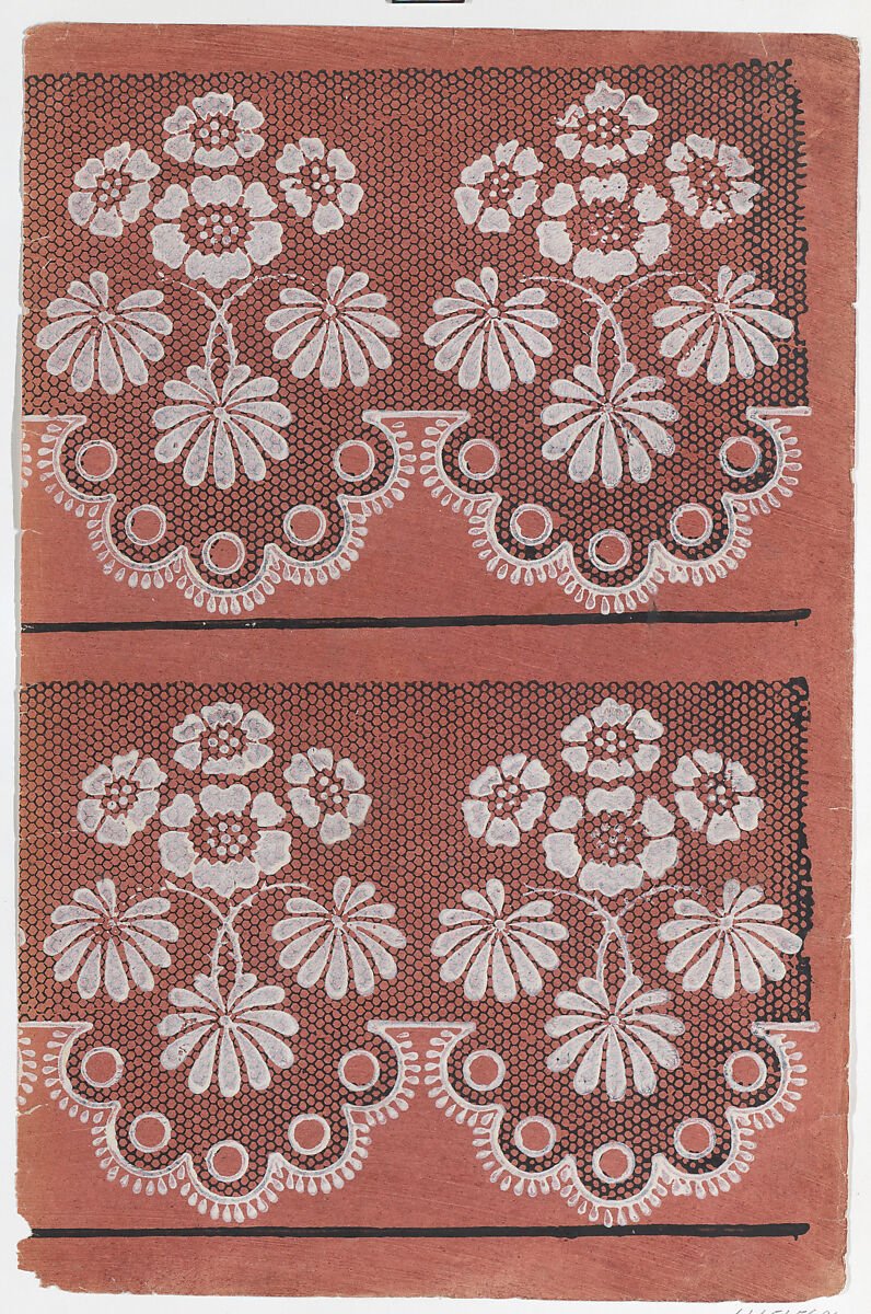 Red sheet with two borders with a white floral pattern atop a black lace pattern, Anonymous  , Italian, late 18th-mid 19th century, Relief print (wood or metal) 