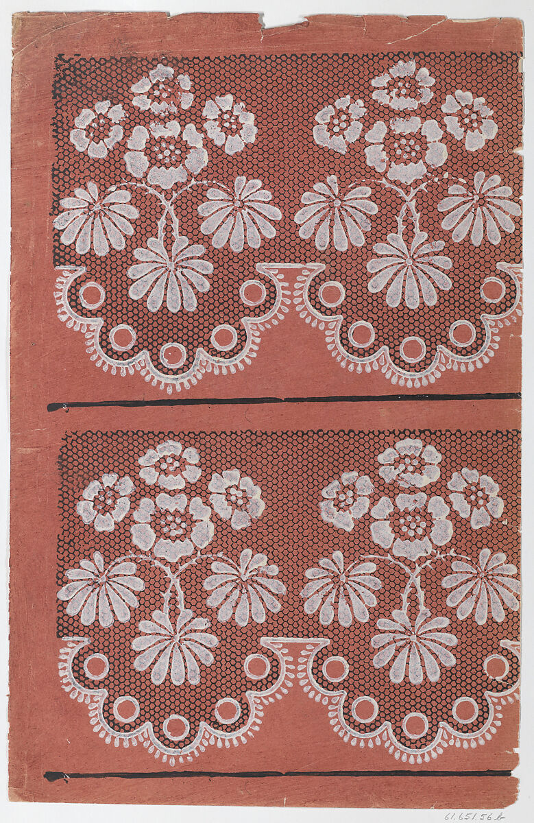 Red sheet with two borders with a white floral pattern atop a black lace pattern, Anonymous  , Italian, late 18th-mid 19th century, Relief print (wood or metal) 