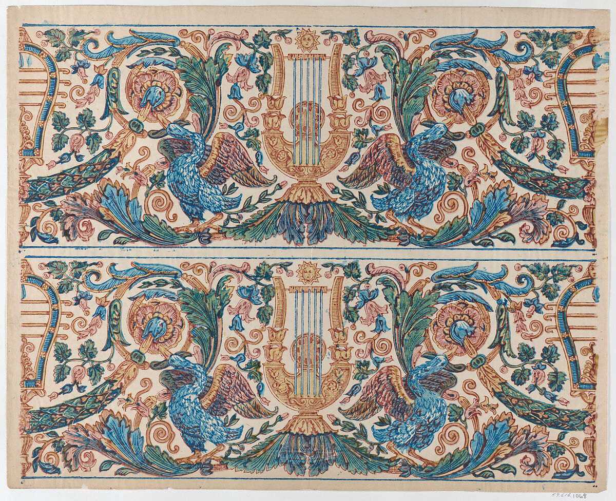 Sheet with two borders with a lyre and birds, Anonymous  , Italian, late 18th-mid 19th century, Relief print (wood or metal) 