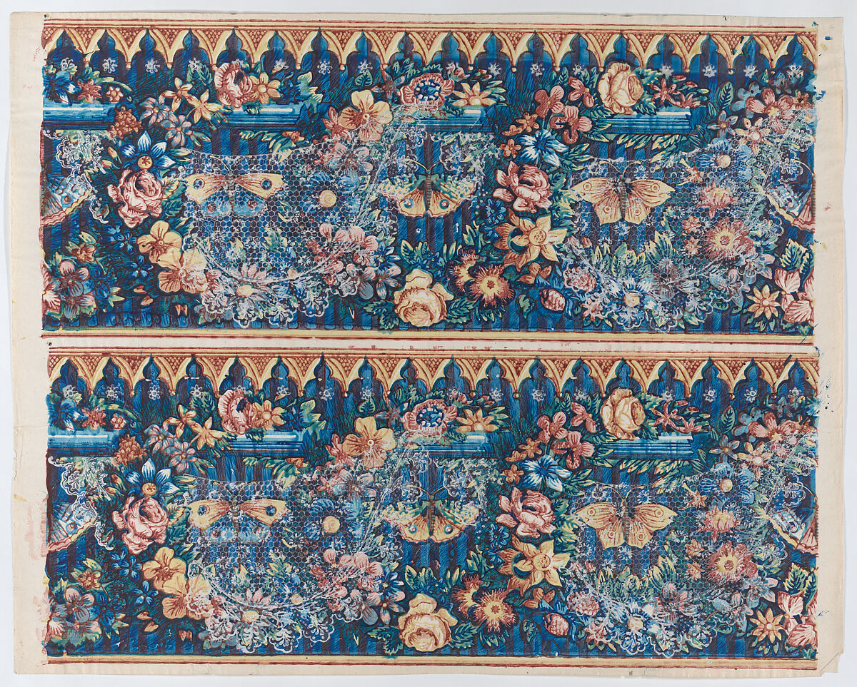Sheet with two borders with lace atop floral wreaths and butterflies, Anonymous  , Italian, late 18th-mid 19th century, Relief print (wood or metal) 
