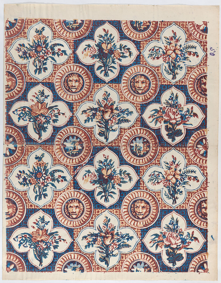 Sheet with pattern of bouquets and lion heads, Anonymous  , Italian, late 18th-mid 19th century, Relief print (wood or metal) 