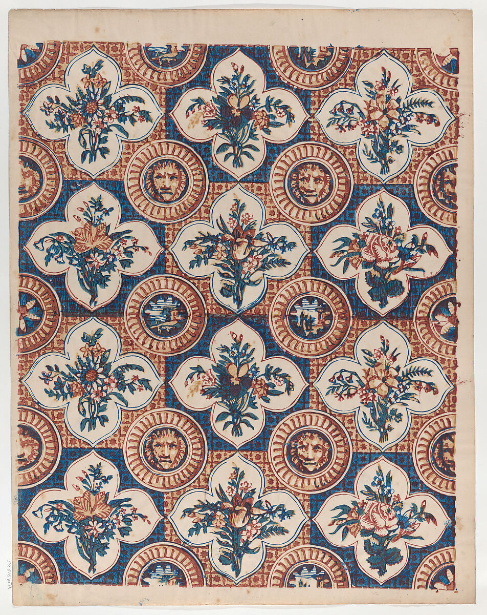 Sheet with pattern of bouquets and lion heads, Anonymous  , Italian, late 18th-mid 19th century, Relief print (wood or metal) 