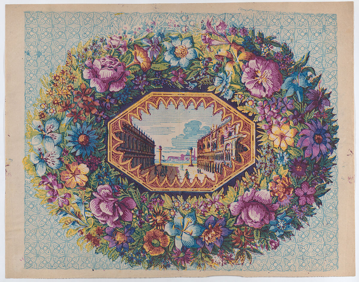 Sheet with a view of San Marco within a floral wreath, Anonymous  , Italian, late 18th-mid 19th century, Relief print (wood or metal) 