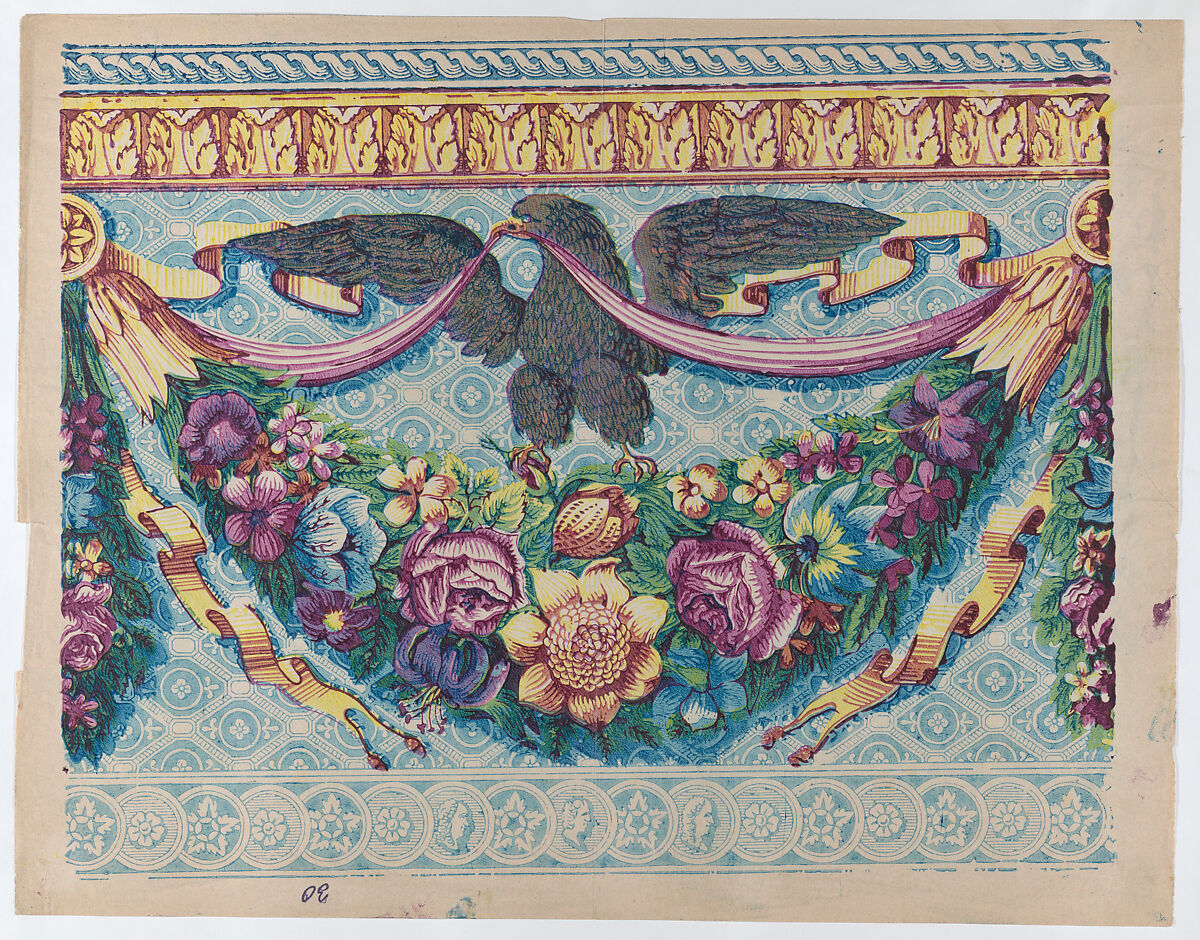 Sheet with an eagle atop a festoon of flowers, Anonymous  , Italian, late 18th-mid 19th century, Relief print (wood or metal) 