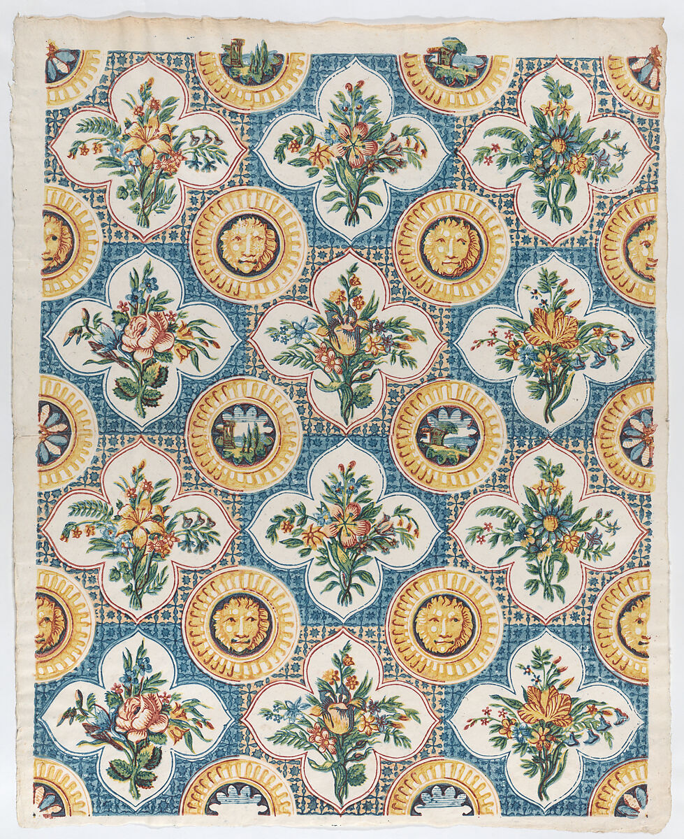 Sheet with pattern of bouquets and lion heads, Anonymous  , Italian, late 18th-mid 19th century, Relief print (wood or metal) 