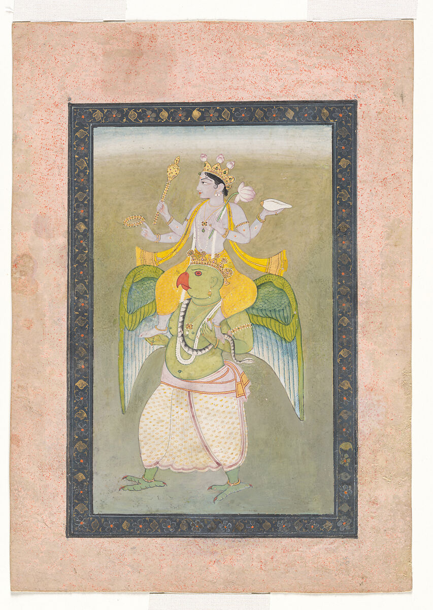 Vishnu on Garuda, Attributed to Sajnu  , or his follower, Opaque pigments and gold on paper, India, Pahari School, Mandi 
